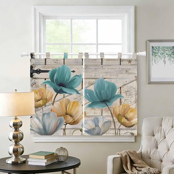 Watercolor Flowers Kitchen Curtains 45 Inch Length, Short Cafe Window Curtains - Image 2