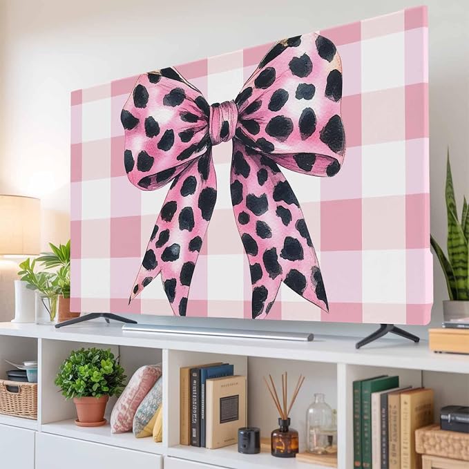 Pink Leopard Print Bow Indoor TV Cover, Elastic TV Screen Protector Check - Image 6