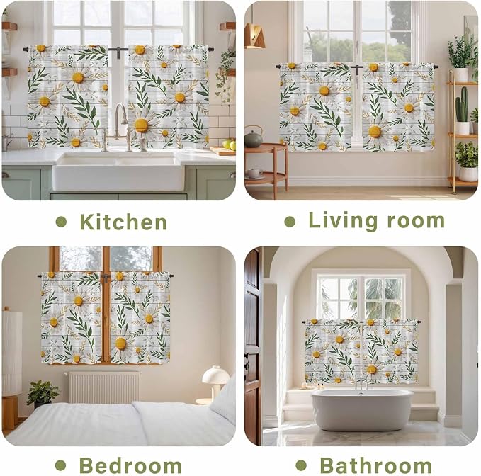 Spring Daisy Kitchen Curtains, Farmhouse Country Flower Leaf Plant Wood Grain - Image 8