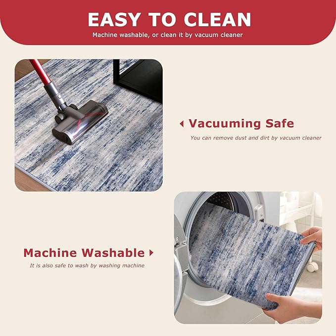 KOZYFLY Rugs for Living Room 8x10 Modern Ombre Living Room Area Rug, Washable Large Thin Rugs Non-Slip Soft Striped Rug for Bedroom, Print Grey-Blue Abstract Carpet for Laundry/Kid Room