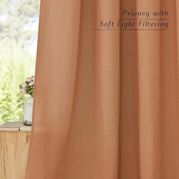 NICETOWN Thick Linen Blend Curtains Flax Textured for Bedroom, Rustic Grommet Semi Sheer Privacy Added Window Curtains & Drapes Light Filtering for Nursery, Burnt Orange, W42 x L63, Set of 2