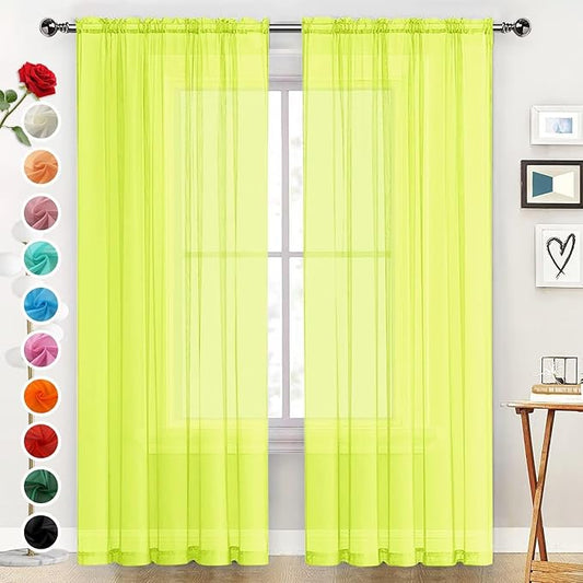 SpaceDresser Basic Rod Pocket Sheer Voile Window Curtain Panels Chartreuse 1 Pair 2 Panels 52 Width 72 Inch Long for Kitchen Bedroom Children Living Room Yard（Chartreuse, 52W x 72L）