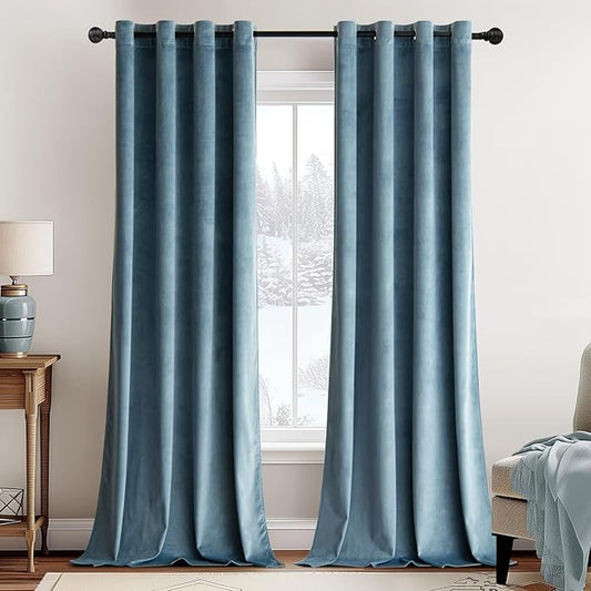 MIULEE 90 Inches Velvet Curtains Dark Slate Elegant Grommet Curtains Thermal Insulated Soundproof Room Darkening Blue Curtains/Drapes for Classical Living Room/Bedroom 52 x 90 Inch 2 Panels