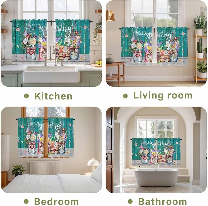 Spring Flowers Kitchen Curtains, Farmhouse Watercolor Teal Wood Grain Light - Image 8