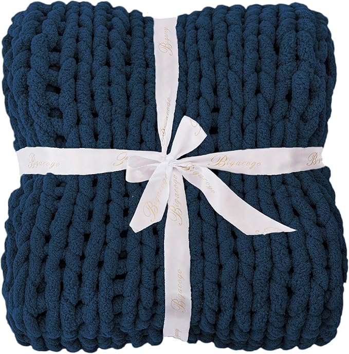 Bigacogo Chunky Knit Throw Blanket for Couch, 60x80 inches, 100% Hand Knitted with Thick Jumbo Chenille Yarn, Cozy Soft Large Rope Knot Cable Crochet Blankets for Sofa Bed Living Room, Navy Blue