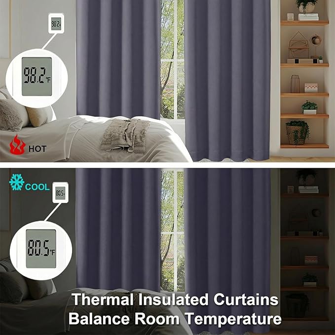 Simplebrand Ava Blackout Curtains for Patio 108 Inches Long 2 Panels Set, Solid Thermal Insulated Room Darkening Rod Pocket Window Treatment Curtains Blackout Drapes, W50 x L108 Inch, Greyish Purple