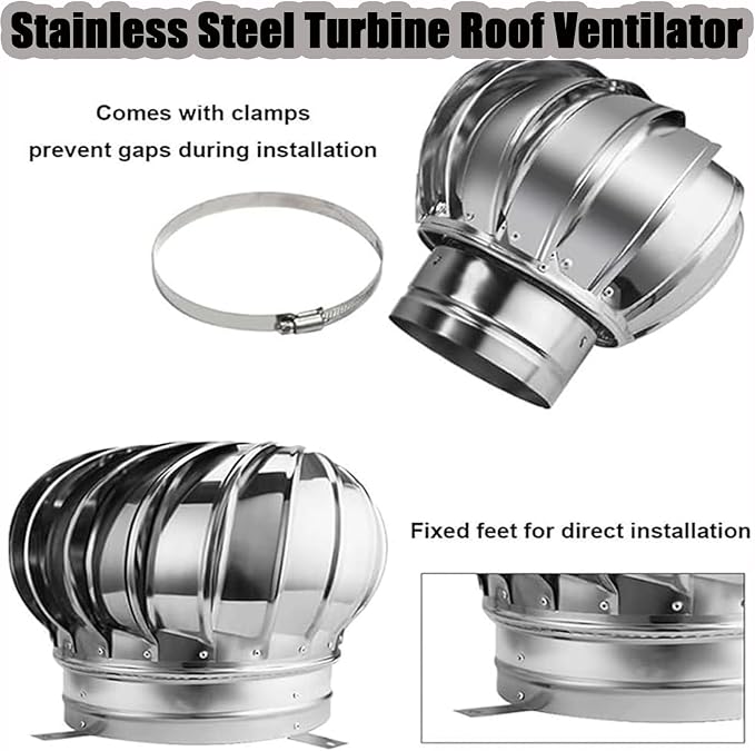 300 mm / 12 in Stainless Steel Turbine Roof Ventilator, 304 Grade Metal Wind - Image 3
