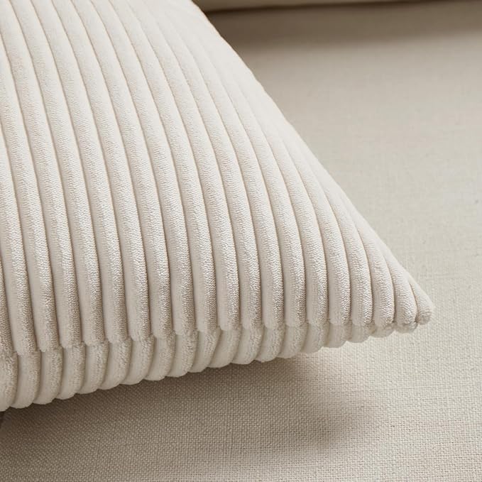 Fancy Homi 2 Packs Cream Lumbar Decorative Throw Pillow Covers 16x32 Inch for Living Room Couch Bed Sofa, Rustic Farmhouse Boho Home Decor, Soft Striped Corduroy Rectangle Accent Cushion Case 40x80 cm