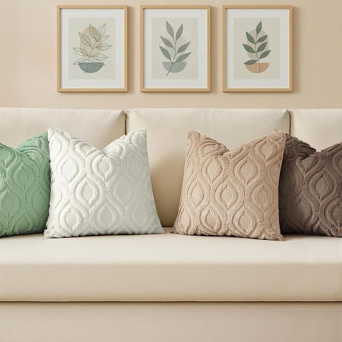 decorUhome Throw Pillow Covers 18x18 Inch Set of 2, Soft Plush Faux Wool Sage Green Solid Couch Pillow Covers, Accent Farmhouse Neutral Square Pillow Cases for Sofa Bed Living Room