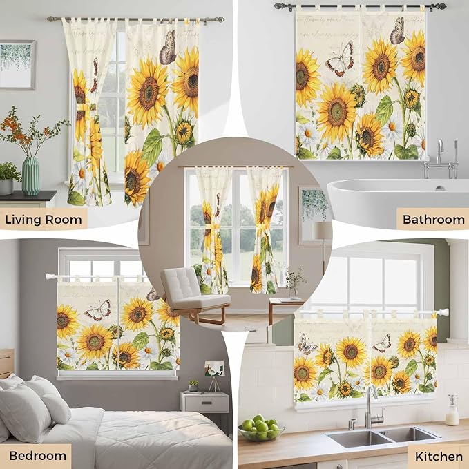 Farm Sunflowers Kitchen Curtains 45 Inch Length, Short Cafe Window Curtains Tab - Image 7