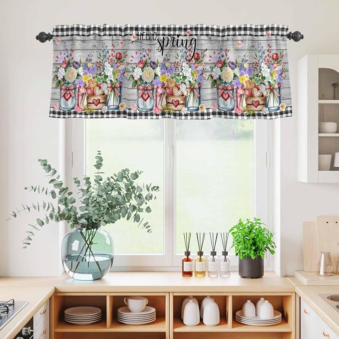 Kitchen Curtains Tiers and Valance Set of 3, Spring Flowers Light Filtering - Image 4