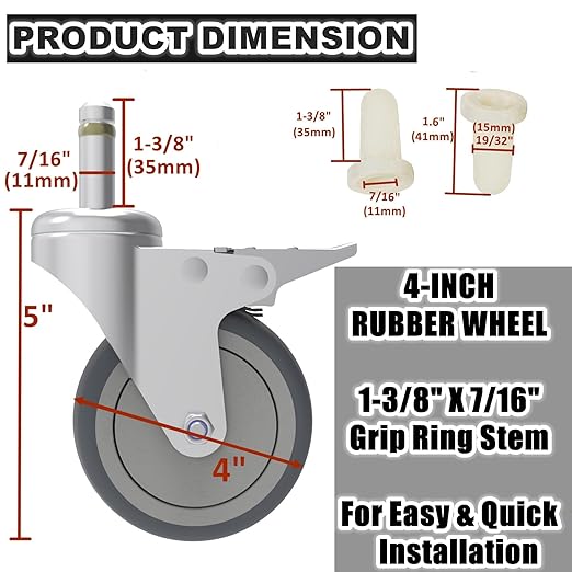 RILIDRI 4-Inch Swivel Stem Caster, 7/16-Inch Stem Diameter Rubber Wheel - Image 2