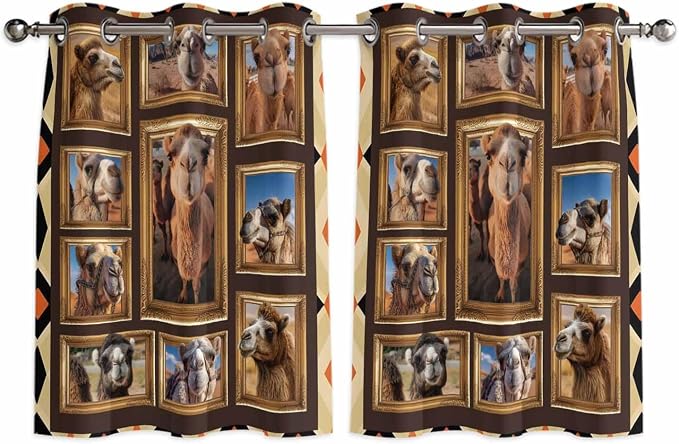 2 Panel Kitchen Cafe Curtains, Wildlife Camels Sunlight Filtering Nature Air by Hokiten