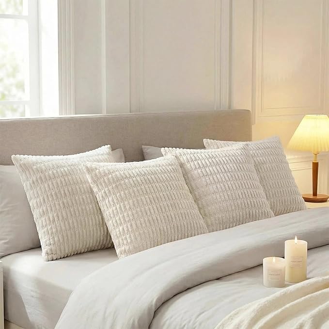 Fancy Homi 4 Packs Boho Cream Decorative Throw Pillow Covers 22x22 Inch for Living Room Couch Bed Sofa, Rustic Modern Farmhouse Home Decor, Soft Plush Corduroy Beige Cute Square Cushion Case 55x55 cm