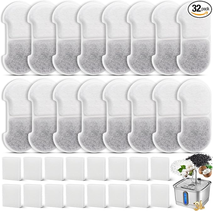 32 Pack Cat Water Filters for SEIRMEP 101oz/3L Stainless Steel Cat Water by Hoscabss