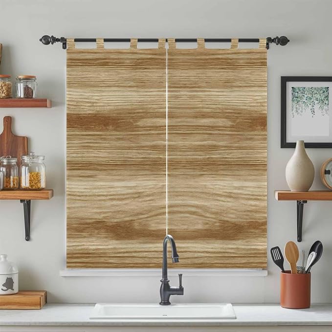 Light Brown Wood Grain Bedroom Curtains 72 Inch Length, Window Curtains Tab Top - Image 3