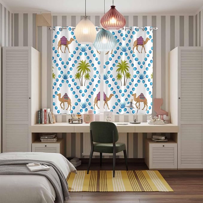 2 Panel Kitchen Cafe Curtains, Camels Palm Trees Sunlight Filtering Nature Air - Image 5