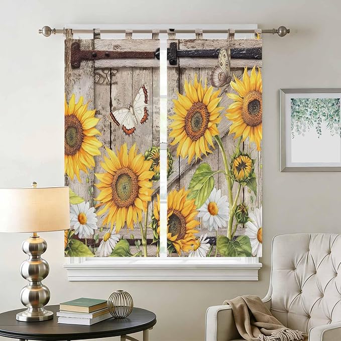 Farmhouse Sunflowers Bedroom Curtains 72 Inch Length, Window Curtains Tab Top - Image 2