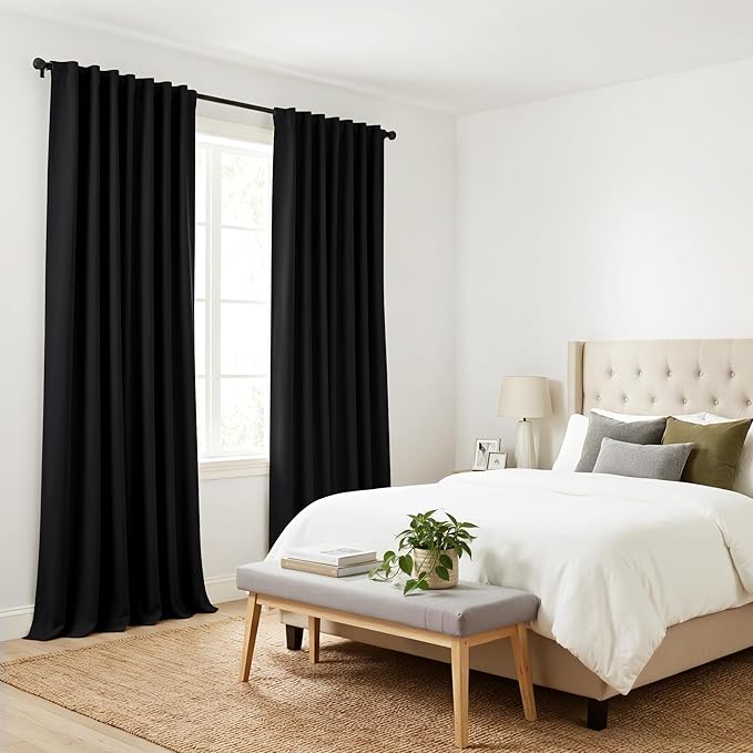 Pony Dance Blackout Curtains Thermal Insulated Window Treatment Panels Room Darkening Shade Drapes for Living Room Back Tab/Rod Pocket Bedroom Draperies, 55 x 68 Inch, Black, 2 Panels