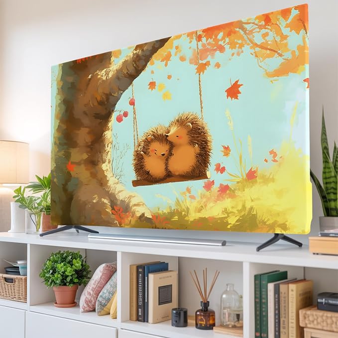 Cute Hedgehog Swing Fall Maple Tree Indoor TV Cover, Elastic TV Screen - Image 6