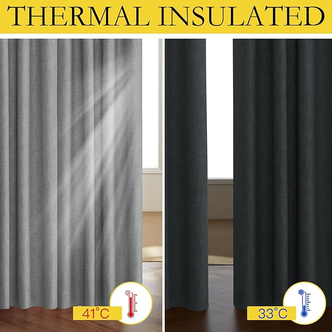 NICETOWN 100% Blackout Linen Texture Curtains 90 inches Long, Dove Grey, 2 Pcs, Thermal Insulated Full Blackout 2-Layer Lined Drapes, Energy Efficiency Window Draperies for Boy's Room