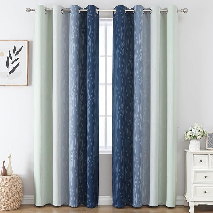 Estelar Textiler Sage Green and Navy Blue Blackout Curtains for Sliding Door,Thermal Insulated Ombre Drapes 108 Inches Long,Full Room Darkening Energy Saving Curtains for Living Room,52Wx108L,2 Panels