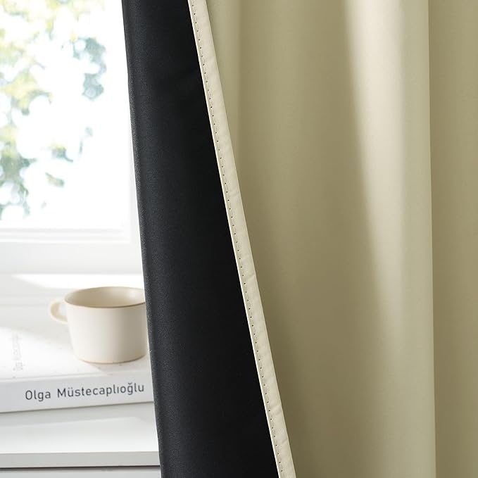 RYB HOME Bedroom Blackout Curtains 80 inches Long, 100% Blackout Thermal Insulated Noise Reducing Curtains for Living Room Nursury, 34 inches Wide by 80 inches Long, Beige