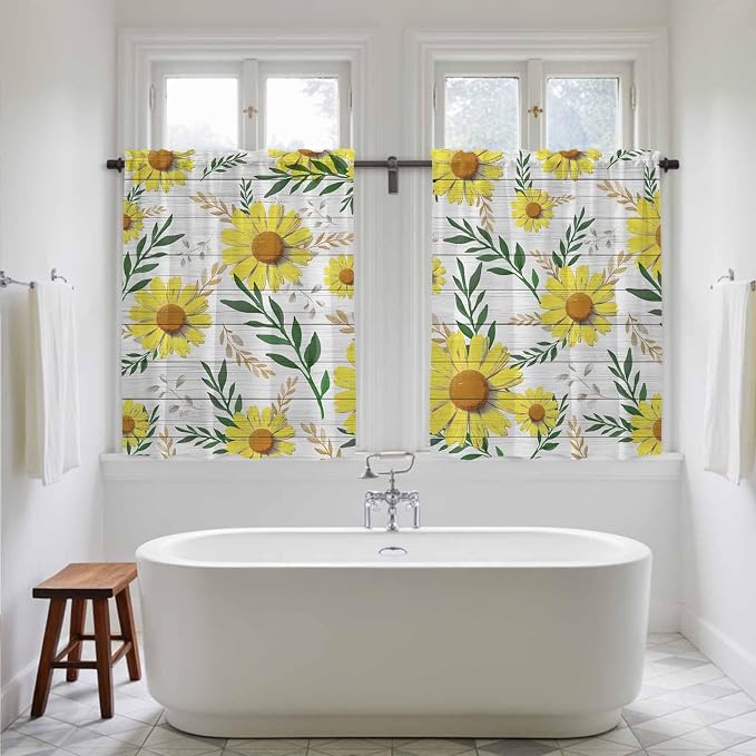 Yellow Daisy Kitchen Curtains, Farmhouse Country Flower Leaf Plant Wood Grain - Image 5