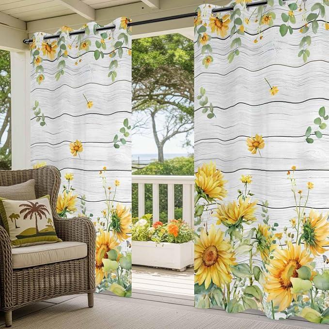 Sunflowers Outdoor Curtains for Patio Summer Floral Eucalyptus Leaf Wood Plank - Image 5