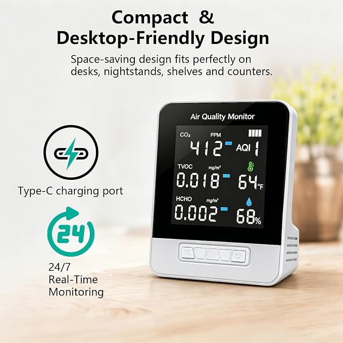 6-in-1 Air Quality Monitor, Smart Indoor CO2 Detector & HCHO TVOC AQI Tester - Image 5