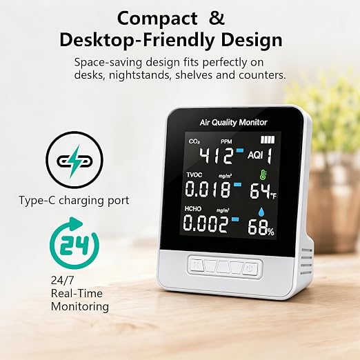 6-in-1 Air Quality Monitor, Smart Indoor CO2 Detector & HCHO TVOC AQI Tester - Image 5