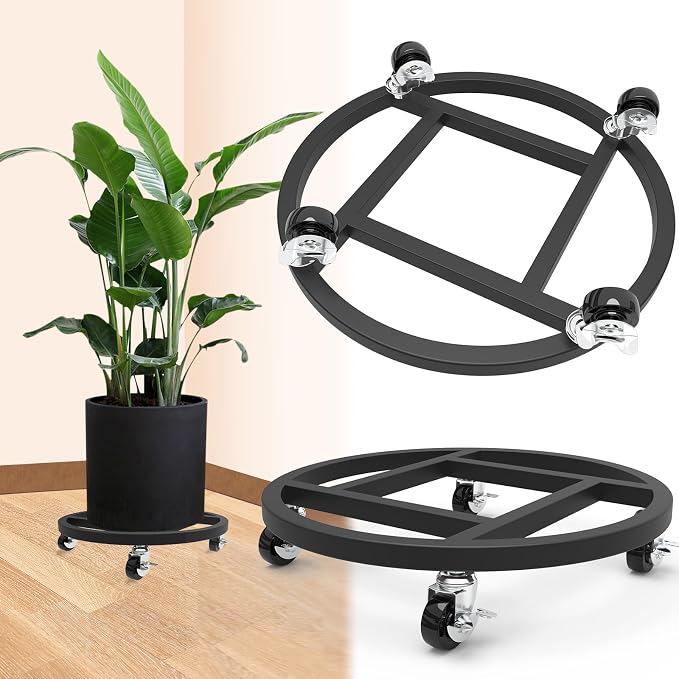 2 Pack Metal Plant Caddy with Wheels, Plant Stand with 360° Lockable Casters by RIDSENIA