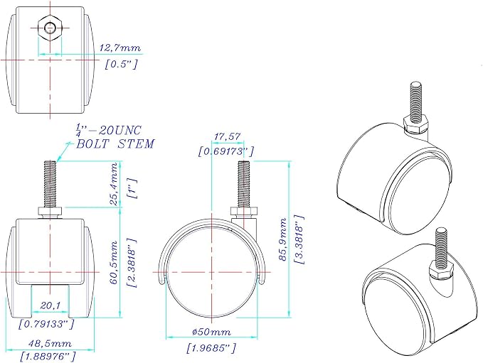 2" Wheel Diameter | Black Nylon Swivel Hooded Samson Twin Wheel Caster | 1/4-20 - Image 2