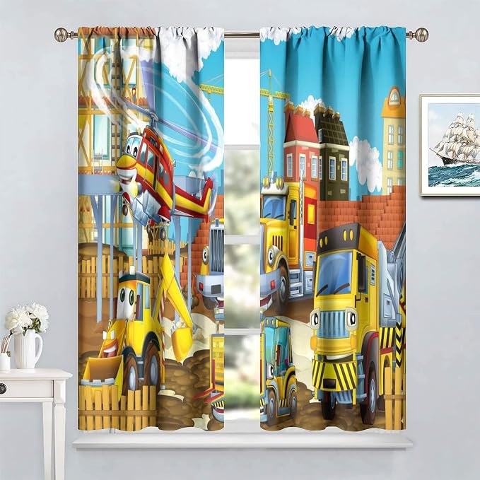 Kids Cartoon Construction Window Curtains, Funny Construction Site Cars and - Image 2