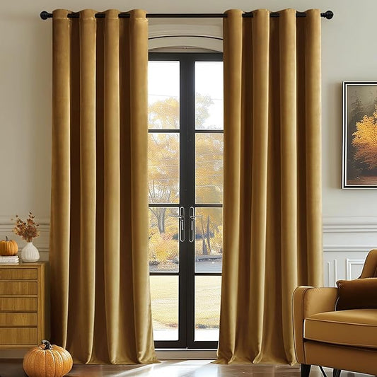 MIULEE 90 Inches Velvet Curtains Gold Elegant Grommet Curtains Fall Thermal Insulated Soundproof Room Darkening Curtains/Drapes for Classical Living Room Bedroom Decor 52 x 90 Inch Set of 2