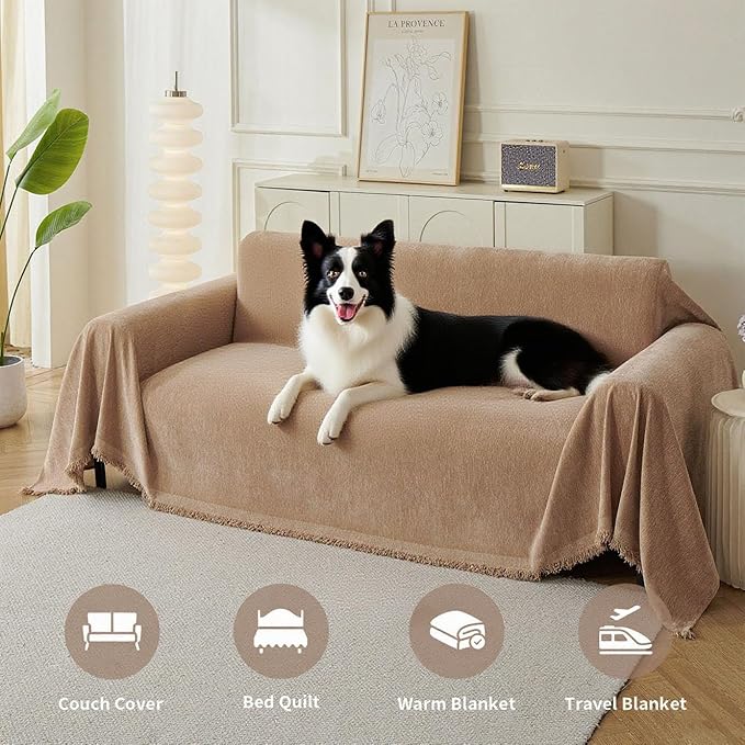Couch Cover for Dogs, Boho Sofa Covers for 3 Cushion Couch, Chenille Sofa Slipcover for Pets Washable, L-Shape Sectional Couch Cover Soft Throw Blankets with Tassels(91x150,Khaki)