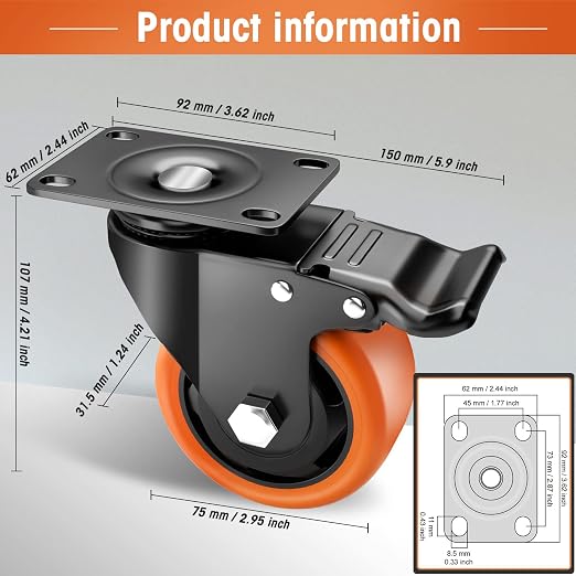 Casters, Top Plate Swivel Wheels, Locking Casters - Image 5