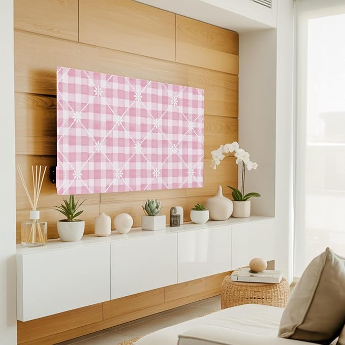 Pink Plaid Flower White Lattice Indoor TV Cover, Elastic TV Screen Protector - Image 2