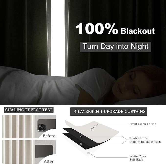 Topfinel 78 Inch Long Linen Blackout Curtains 2 Panels Set for Bedroom Back Tab Rod Pocket Pleated Boho Farmhouse Room Darkening Curtains for Sliding Glass Door,Cream Ivory, 52x78 in Length