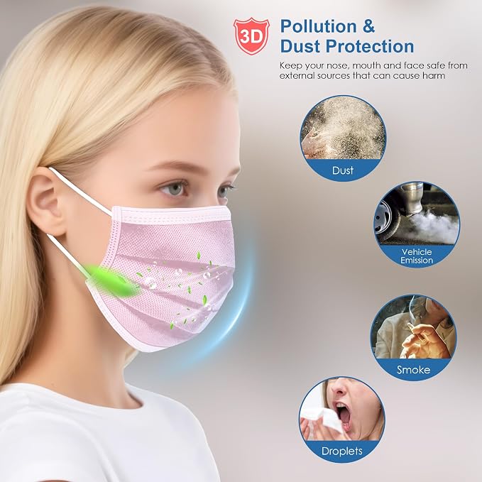 NNPCBT Pink Disposable Face Masks 100 Pack, 3-Ply Breathable Mask - Image 4