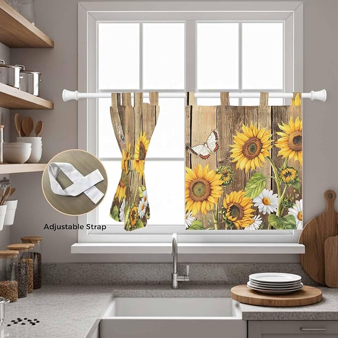 Farmhouse Sunflowers Kitchen Curtains 24 Inch Length, Small Window Curtains Tab - Image 5