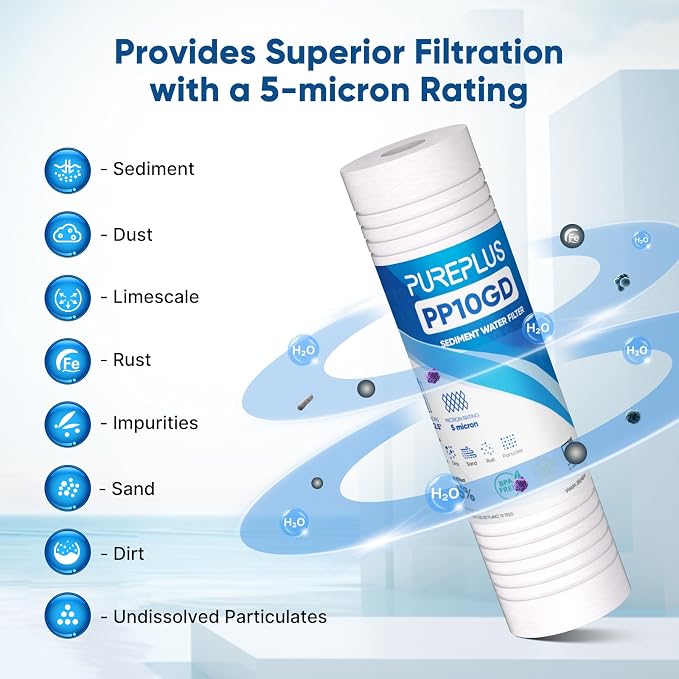 PUREPLUS 5 Micron 10" x 2.5" Whole House Grooved Sediment Home Water Filter - Image 4