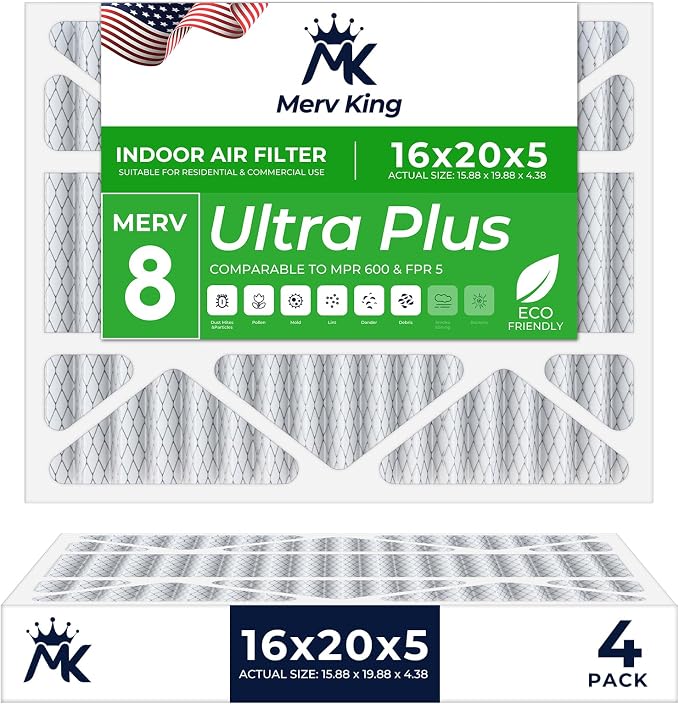MervKing 16x20x5 Air Filter Actual Size: 15.88" x 19.88" x 4.38" MERV 8 MPR by MervKing