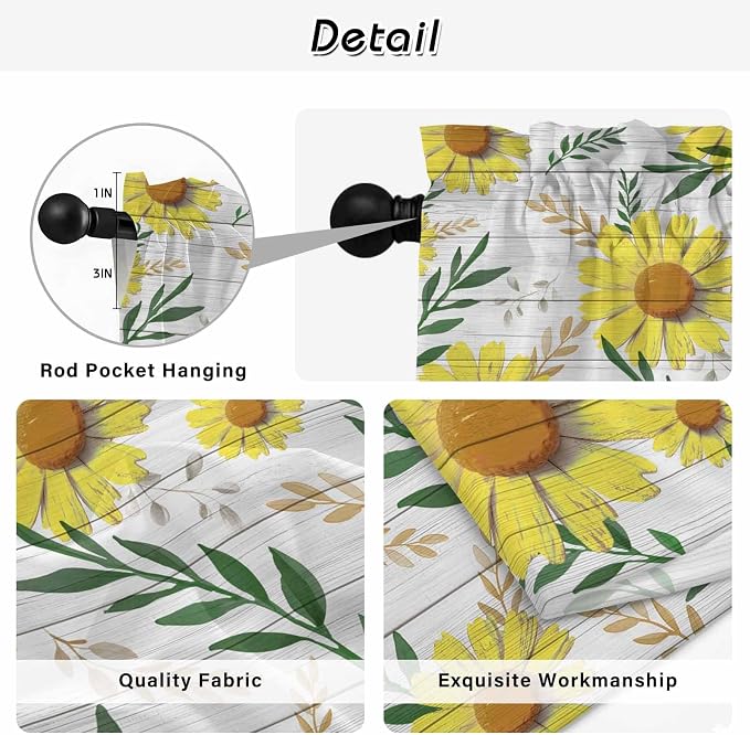 Yellow Daisy Tier Curtains, Farmhouse Country Flower Leaf Plant Wood Grain - Image 9