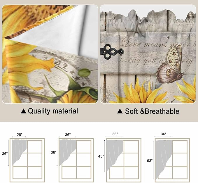 Farm Flowers Swag Valances for Windows, Retro Sunflowers Barn Doors Butterfly - Image 5