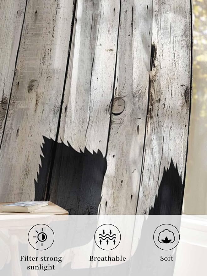 Sheer Curtains 54 Inch Length, Rustic Counrty Vintage Wood Grain Privacy Voile - Image 6