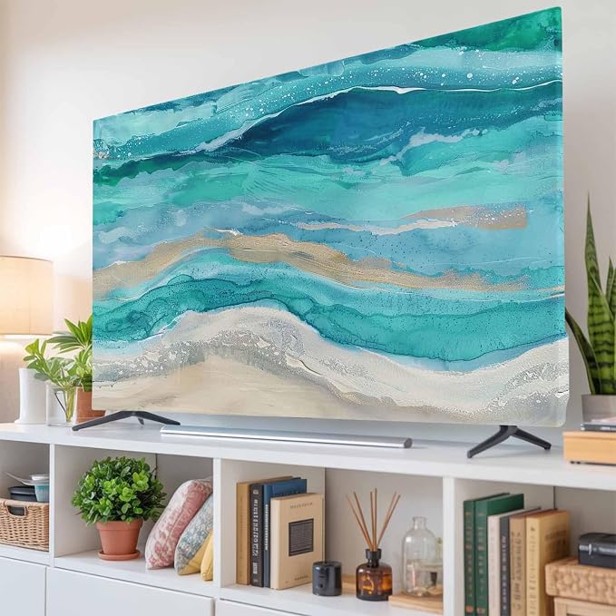 Marine Coastal Wave Turquoise Ombre Indoor TV Cover, Elastic TV Screen - Image 6