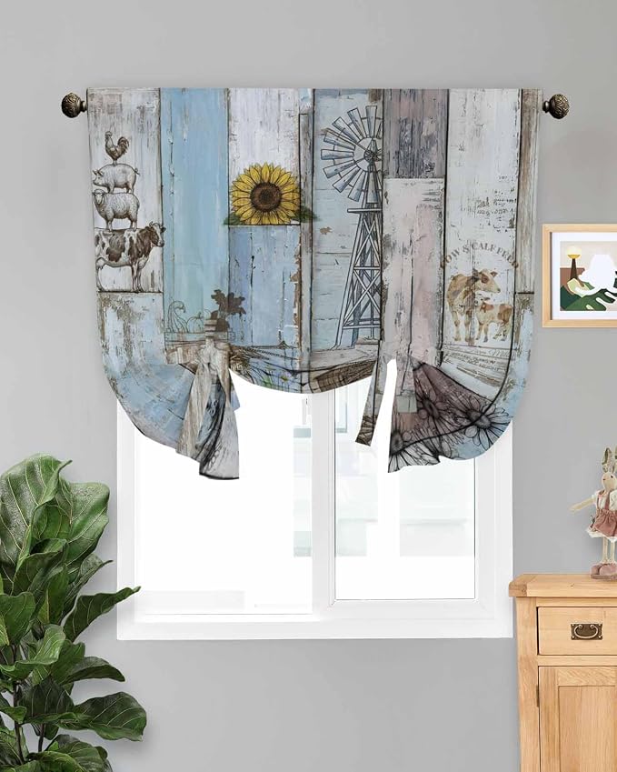 Tie Up Curtains for Windows, Farmhouse Barn Sunflowers Retro Blackout Curtains by Anzona