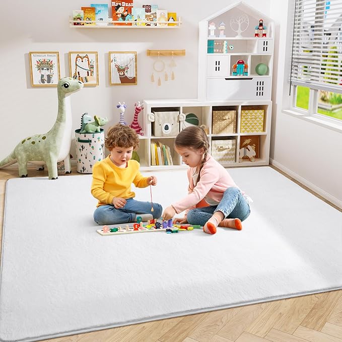 Amearea Modern Area Rugs for Bedroom Living Room, 4x6 Feet White Thickened Memory Foam Rug, Fluffy Indoor Washable Rugs Non Slip Minimalist Carpet for Kids Boys Girls Dorm Nursery Room Decor