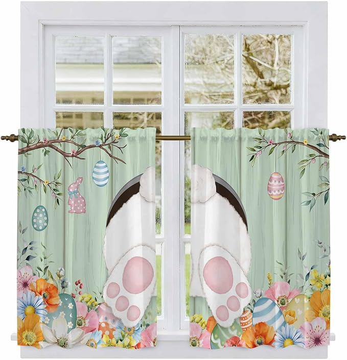 Easter Kitchen Tier Curtains 45 Inch Long 2 Panel Set, Rod Pocket Short Window - Image 2